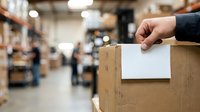 Male hand placing white label on cardboard box in warehouse setting with blurred inventory shelves and storage facility background for logistics and shipping operations.
