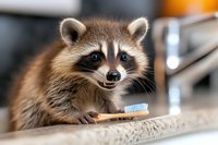 Curious raccoon holding toothbrush in bathroom, close-up portrait with shallow depth of field showing facial features and expressive eyes against blurred background.