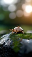 Small turtle walking on moss-covered rock in natural outdoor environment with blurred green and golden bokeh background, wildlife nature scene.