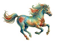 Ornate horse with flowing mane and tail in vibrant watercolor style, featuring decorative patterns and warm earth tones, isolated on white background for design use.