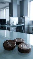 Three wooden contact icons with phone, email, and message symbols on modern office desk with computers and bright windows in background.