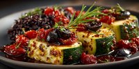 Mediterranean grilled halloumi cheese with roasted vegetables, black olives and fresh herbs on rustic plate. Healthy vegetarian meal for restaurant menus.