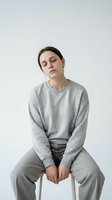 Young Caucasian woman in gray sweatshirt sitting with eyes closed in peaceful meditation pose on white chair against neutral background for wellness content.
