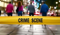 Yellow crime scene tape barrier with blurred people and city lights in background, creating dramatic urban safety and law enforcement atmosphere at night.