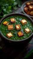 Palak paneer served in rustic bowl with golden crispy cottage cheese cubes floating in creamy spinach curry sauce, traditional Indian vegetarian dish.