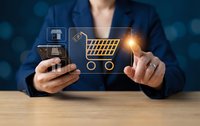 Businesswoman using smartphone for online shopping with digital cart interface and payment icons on blue background for e-commerce applications.