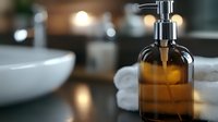 Amber glass soap dispenser with chrome pump on bathroom counter with white towels and basin in blurred background for luxury spa and hygiene concepts.