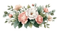 Watercolor floral arrangement with delicate pink and white roses, green eucalyptus leaves and buds on isolated background for wedding stationery and romantic designs.