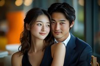 Young Asian couple in elegant attire sharing intimate moment in upscale restaurant setting with warm ambient lighting for romantic dining concepts.