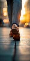 Close-up view of brown leather shoes and grey trousers walking on urban street at sunset, with warm bokeh lights and reflective pavement creating atmospheric mood.