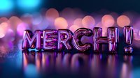 Shiny pink glass letters spelling "MERCI!" against colorful bokeh background, reflecting on glossy surface with vibrant blue and purple lights.