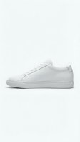 White leather low-top sneaker isolated on white background, minimalist classic design with laces, side view, casual fashion footwear for men.