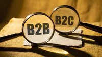 Young professional woman with light skin tone examining magnifying glasses displaying B2B and B2C text on golden fabric background for business model comparison and marketing strategy concepts.