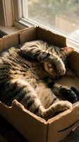 Tabby cat sleeping peacefully in cardboard box by sunny window with warm natural light streaming through glass creating cozy domestic scene.
