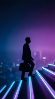 Silhouette of male professional climbing neon-lit stairs against purple and blue gradient cityscape, representing career growth, ambition, and digital transformation in modern business environment.