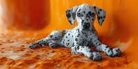 Dalmatian puppy lying on vibrant orange textured surface, looking directly at camera with expressive eyes and spotted coat. For pet photography and animal portraits.