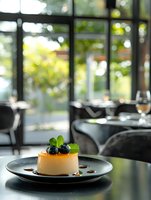 Elegant dessert with fresh berries and mint garnish served on dark plate in upscale restaurant with large windows and natural lighting for fine dining menu.