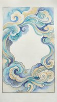 Watercolor cloud frame with swirling blue and gold ornamental border on textured paper background for decorative design projects and artistic layouts.