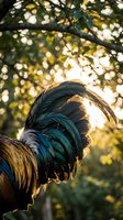Rooster with iridescent blue-black plumage and golden feathers backlit by sunlight filtering through tree foliage, ideal for poultry farming and agricultural themes.