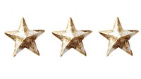 Golden metallic stars in row on white background, festive holiday decoration elements with textured surface and shimmering effect, isolated for design projects.