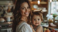 Beautiful young mother with long brown hair holding adorable toddler daughter in cozy kitchen setting, genuine happiness and warm connection perfect for family lifestyle and parenting content.