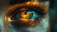 Macro shot of futuristic eye with glowing digital circuit patterns reflected in iris, combining technology and human elements in dramatic orange and teal tones.