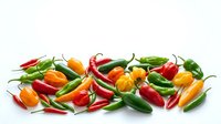 Assorted fresh chili peppers in red, yellow, orange and green varieties arranged on white background, suitable for food, cooking and culinary design projects.