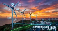 Smart renewable energy wind turbines with IoT connectivity icons at sunset over coastal landscape for sustainable technology solutions.