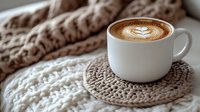 White ceramic cup with latte art heart pattern on knitted beige coaster. Cozy winter morning atmosphere with warm coffee and chunky knit texture background.