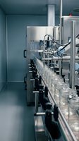 Automated pharmaceutical production line with glass vials moving through sterile manufacturing facility for medicine packaging and quality control processes.