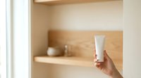 Unrecognizable female hand holding blank white cosmetic tube against wooden shelf with skincare products and natural lighting for branding.