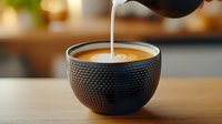 Pouring milk creates artistic latte art pattern in textured black ceramic cup on wooden table with soft bokeh background, capturing morning coffee ritual.