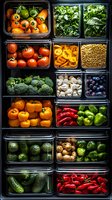 Fresh vegetables and fruits in plastic containers organized in rows, meal prep concept showing variety of colorful produce including tomatoes, peppers, mushrooms, broccoli.