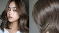 Young Asian woman with ash brown wavy hair in professional beauty portrait, showcasing modern trendy haircut and natural makeup on dark background for hair salon advertising.