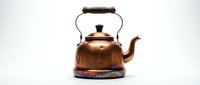 Vintage copper tea kettle with wooden handle isolated on white background for kitchen design and culinary projects.