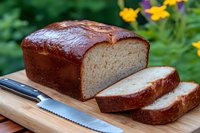 Freshly baked homemade white bread loaf with golden brown crust, sliced on wooden cutting board outdoors with garden background and bread knife.