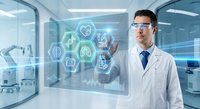 Young male doctor in white coat using futuristic holographic medical interface with health icons in modern hospital laboratory setting for healthcare technology.