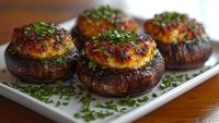 Grilled portobello mushroom caps stuffed with creamy cheese mixture and fresh herbs, served on white plate against wooden surface, garnished with chopped parsley.