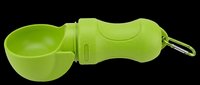 Lime green pet food scoop with attached bowl and carabiner clip, isolated on transparent background. Ready for print-on-demand, sublimation, and design projects.
