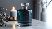 Luxury teal perfume bottle with metallic cap on marble surface. Elegant fragrance container with candle and dried flowers creating sophisticated spa atmosphere.