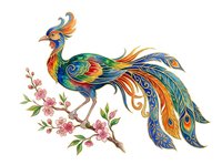 Ornamental peacock with vibrant feathers in blue, green, orange and gold tones perched on flowering branch with pink blossoms, isolated on white background for design projects.