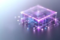 Glowing microprocessor with purple and blue neon lights on reflective surface, connected by digital network lines showing advanced computing technology.
