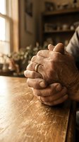 Weathered elderly hands clasped together on a wooden table, wearing a gold wedding ring, warm light streaming through a window.