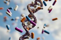 DNA double helix structure surrounded by colorful pharmaceutical capsules and pills floating against blue sky background, representing genetic medicine and pharmacogenomics.
