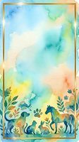 Watercolor abstract background with golden frame border, featuring soft blended washes in turquoise, yellow, and peachy tones with silhouetted animals and botanical elements at bottom for greeting cards, invitations, and creative design projects.