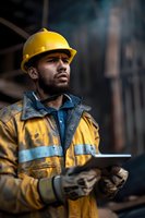 Professional construction worker in yellow safety gear and hard hat using digital tablet on industrial site. Perfect for workplace safety, construction management, and engineering projects.