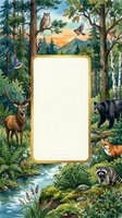 Forest wildlife frame with deer, bear, owl, fox and raccoon around blank space for text or design elements in natural woodland setting.