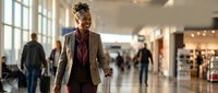 Professional African American businesswoman walking through modern airport terminal with luggage, confident corporate traveler on business trip.
