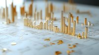 Golden pins arranged as rising bar charts on white surface create dynamic financial data visualization. Statistical analysis and business growth concept.