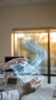 Hands holding transparent tablet with glowing digital data streams flowing upward in modern office environment for technology presentations.